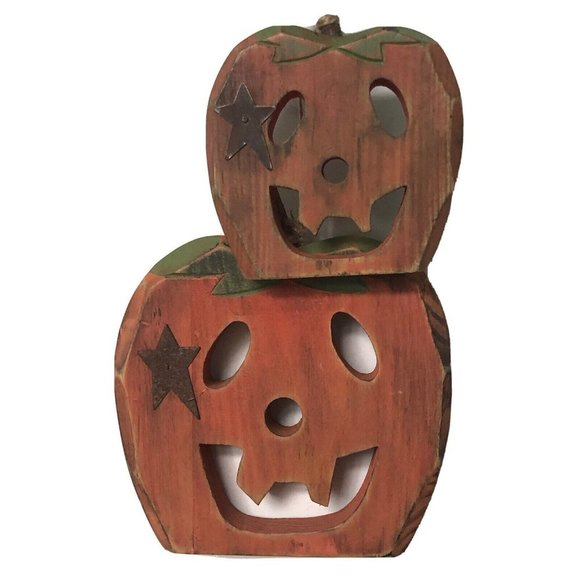 Vintage Rustic Carved Wooden Pumpkin Jack O Lantern Wall Hanging Halloween - Picture 1 of 8